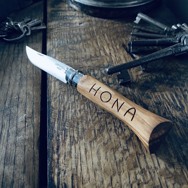 whisky wood handled knife with laser engraved logo