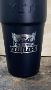 yeti tumbler in black with Download logo - laser engraved by the altered state with portman street