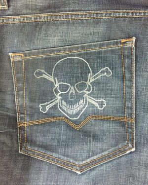 Laser engraved denim jeans