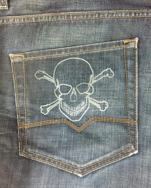 Laser engraved denim jeans